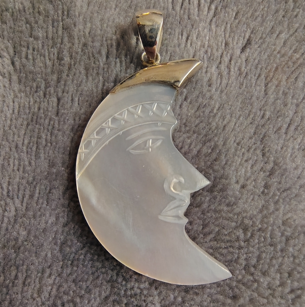Hand carved Mother of Pearl Crescent Moon Face Pendant